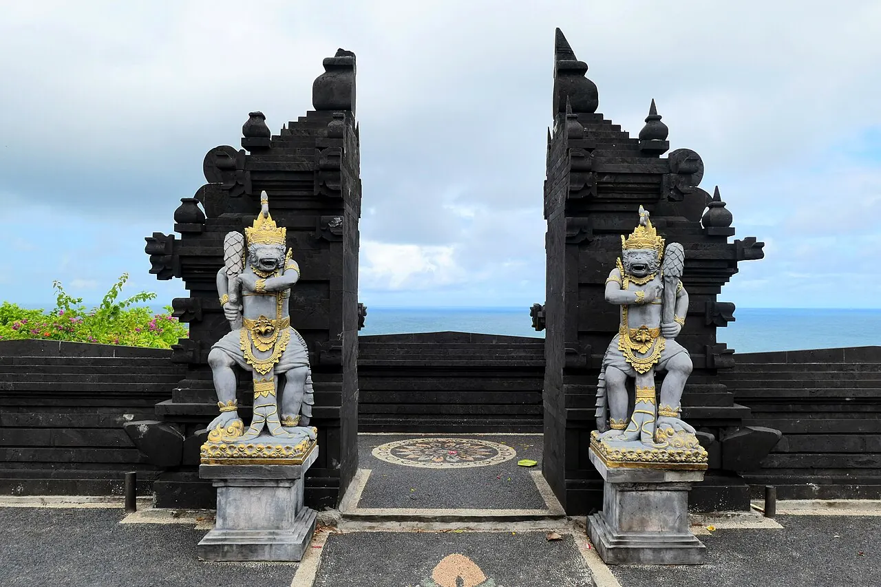 Pura Luhur Uluwatu. A split gate on the clifftop temple above the Indian Ocean.